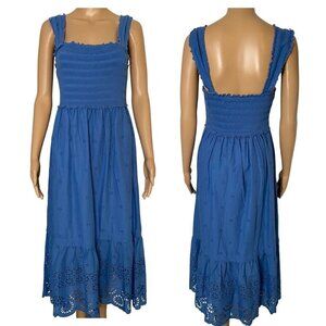 Betsey Johnson Sleeveless Smocked Embroidered MIDI Dress Blue Size Small
